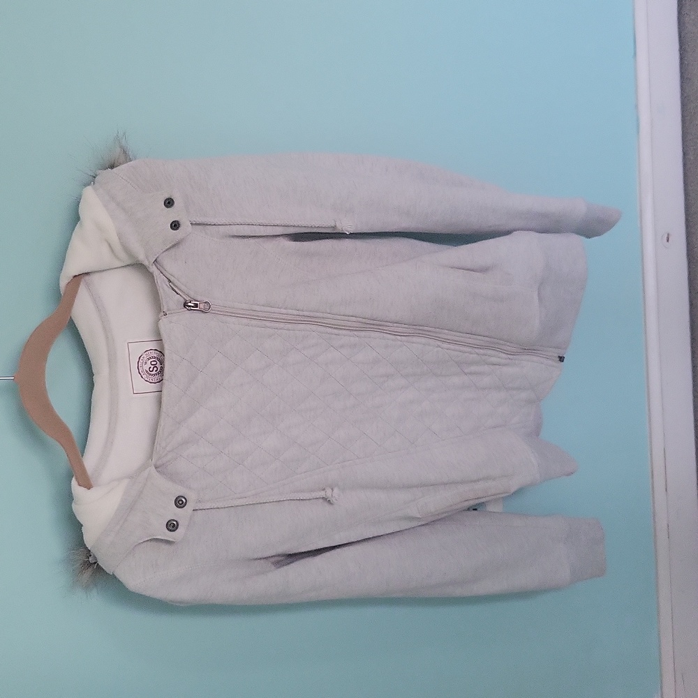 SO Asymmetrical fleece outerwear zip up and hooded jacket
